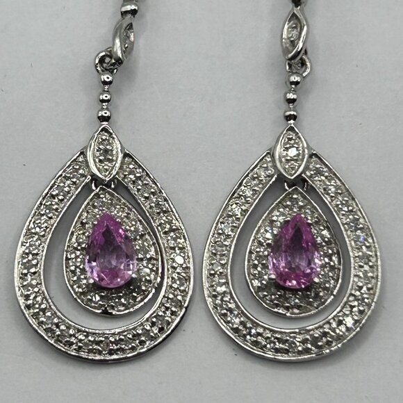 14k White Gold with .25ctw Pear Cut Pink Sapphire & Pave Diamond Dangle Earrings - Picture 4 of 7